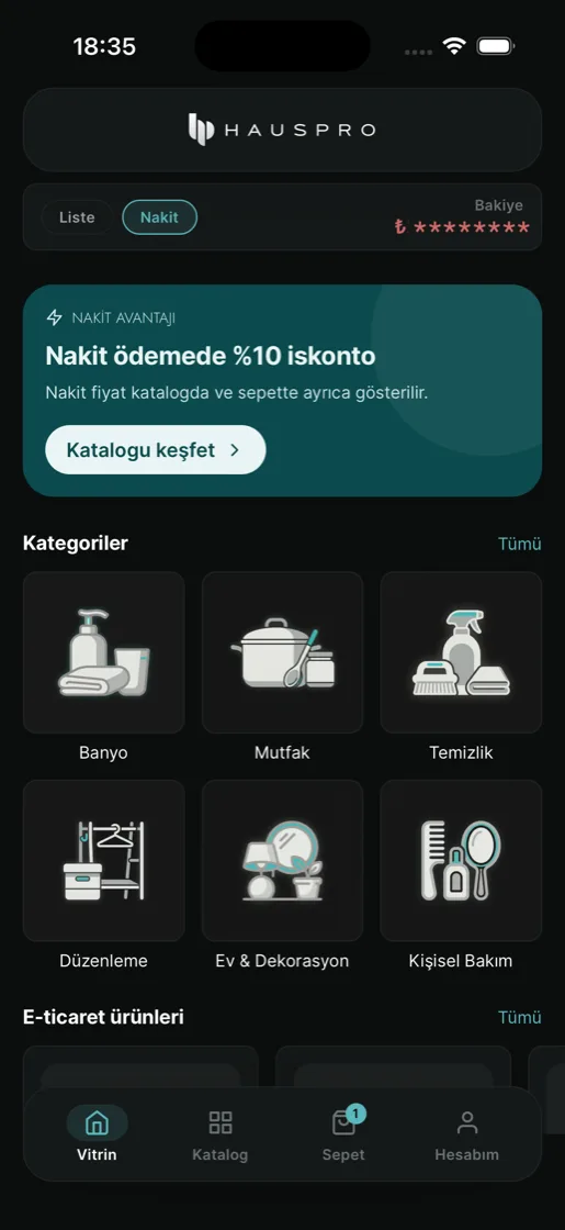Hauspro B2B uygulamasının vitrin ekranı: nakit iskonto duyurusu ve kategori ızgarası.